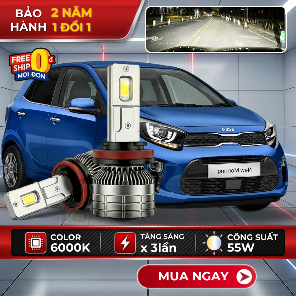 Đèn LED Kia Morning Chân H7 Siêu Sáng Cắm Zin 55W 6000k Betouch Bảo Hành 2 Năm Mọi Dòng Xe