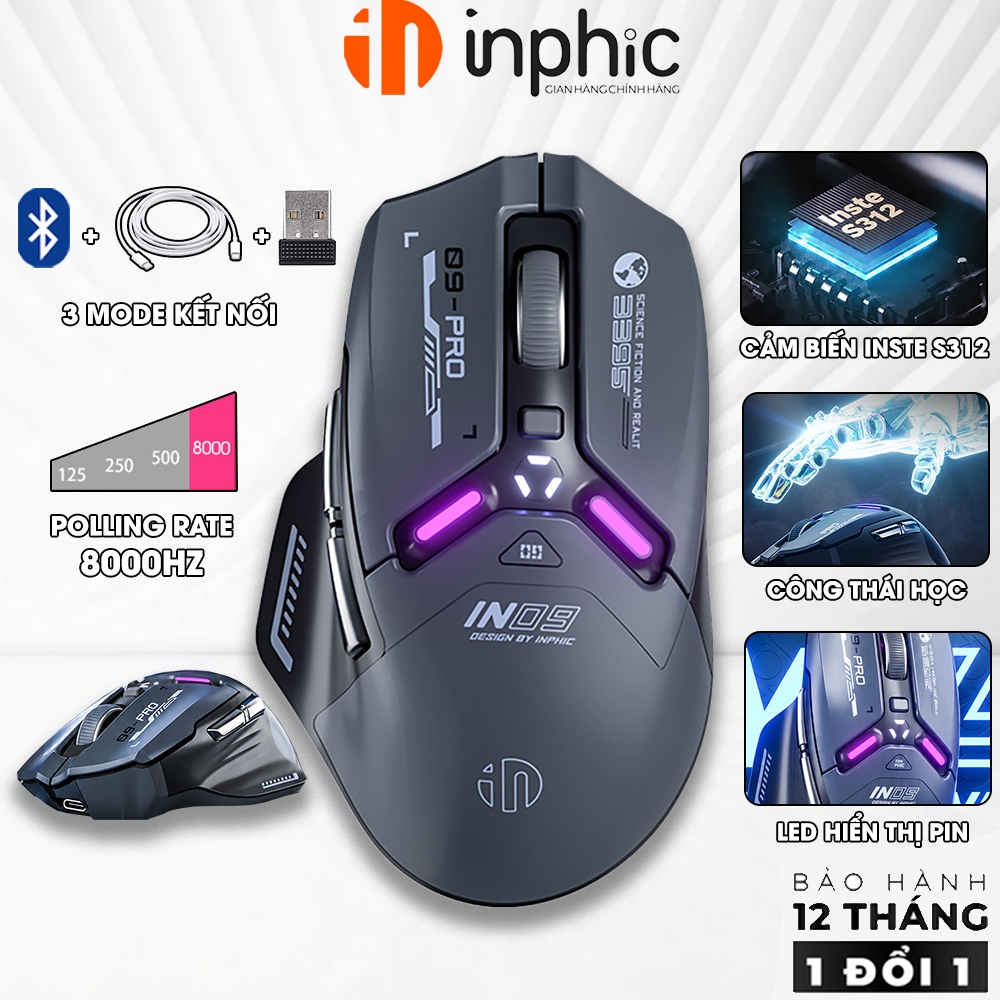 Chuột không dây gaming INPHIC IN9 Pro V2 Grey bluetooth 8K 3 mode pin sạc có app 7 nút bấm 8000hz má