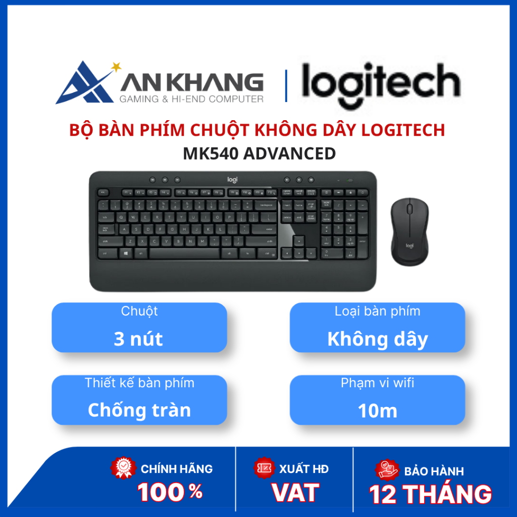 Bộ bàn phím + chuột không dây Logitech MK540 Advanced | Wireless 2.4GHz | Full-size | Ergonomic