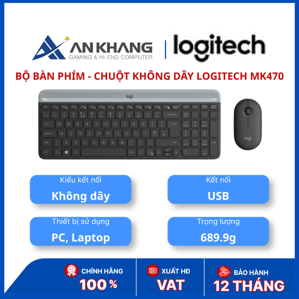 Bộ bàn phím + chuột không dây Logitech MK470 | Wireless 2.4GHz | Slim Compact | Trắng Đen