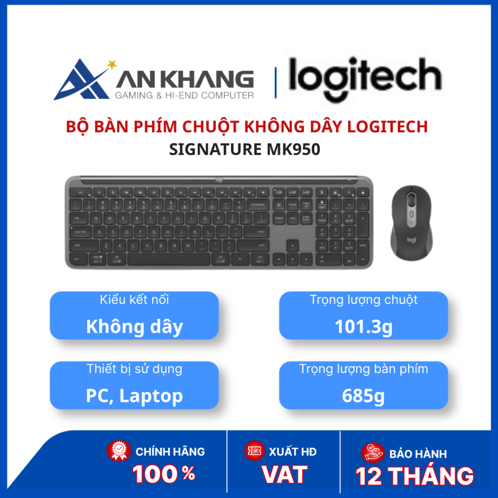 Bộ bàn phím + chuột không dây Logitech Signature MK950 | Wireless Bluetooth / Logi Bolt | Graphite