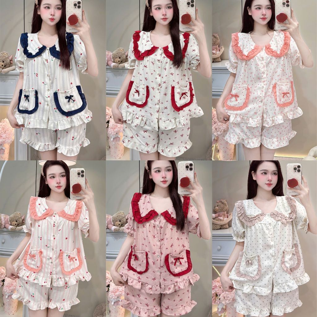 Bộ Đồ Ngủ Nữ Pijama JUSOKA DU44 Chất Liệu Đũi Vân Mây Cổ Sen Viền Bèo Siêu Mềm Mịn Thoải Mái