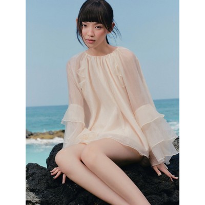Áo tơ OLV tay bồng Cream Chiffon Long Sleeve Ruffled Top phù hợp đi chơi đi cà phê OLV