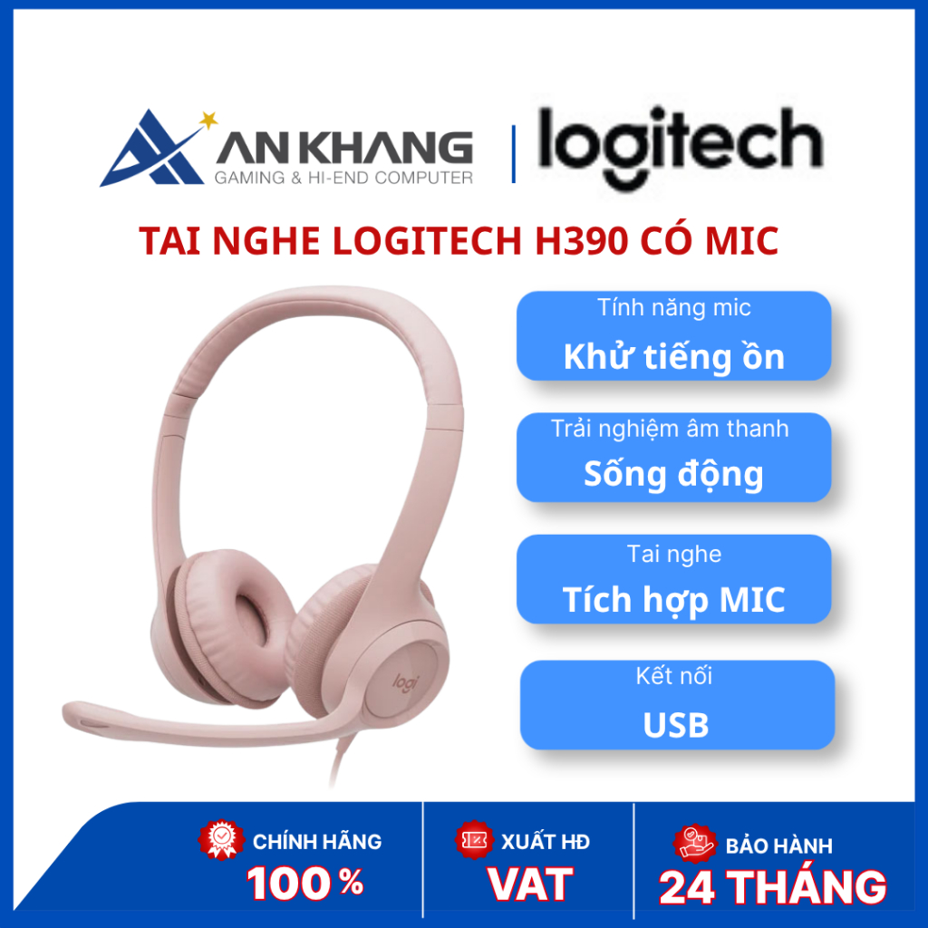 Tai nghe Logitech H390 | USB Headset | Mic khử ồn | In-line control | Trắng/Hồng/Đen