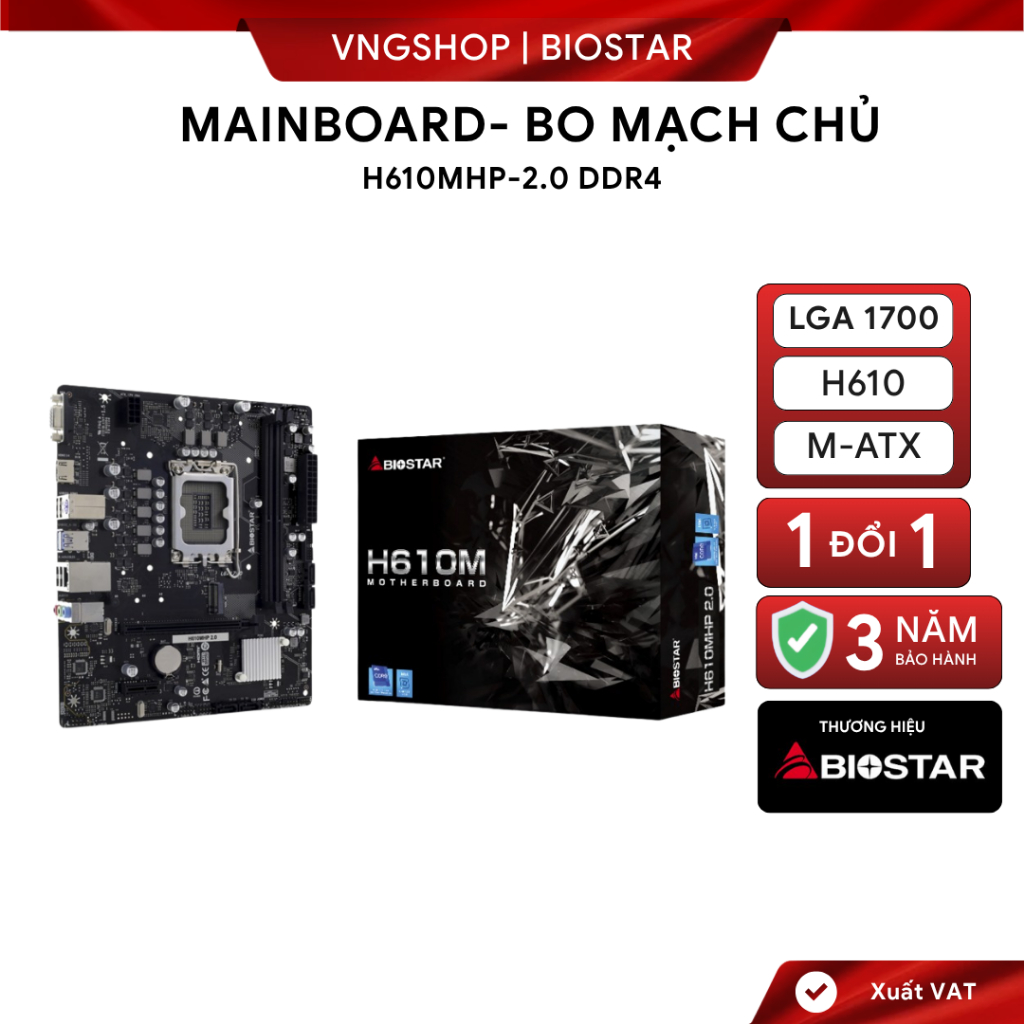 Bo mạch chủ BIOSTAR H610MHP 2.0 (Intel H610, Socket 1700, 2xDDR4, mATX) [BH 36T, Đổi ngày trong 90 n