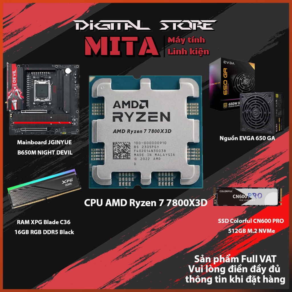 PC CPU AMD RYZEN 7 7800X3D + B650M + 16GB 6000MHz  + 650W Bảo hành 36T MITA PERFOMANCE EX