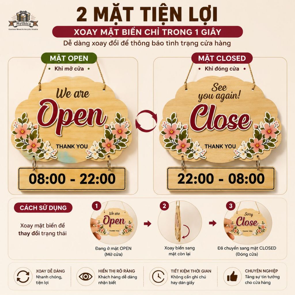 Biển gỗ đóng mở cửa hai mặt Open Closed — ảnh listing minh họa