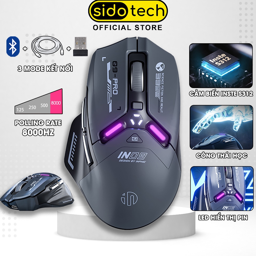 Chuột không dây gaming SIDOTECH INPHIC IN9 Pro V2 Grey bluetooth 8K 3 mode pin sạc có app 7 nút 8000