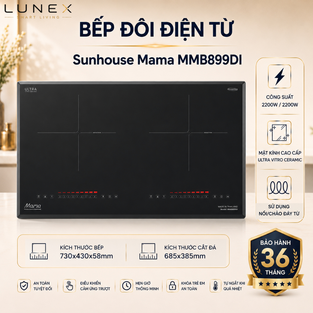 Bếp đôi điện từ cảm ứng Inverter Sunhouse Mama MMB899DI - Sản xuất Thái Lan, bảo hành tận nơi