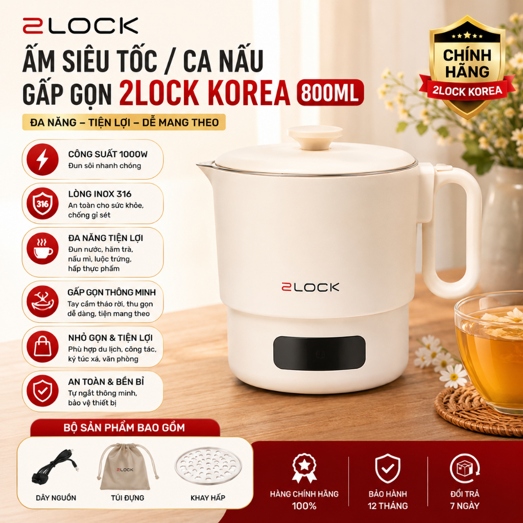 Nồi Mini Đa Năng 2LOCK 800ml Chính Hãng - Nồi Gấp Gọn Tiện Lợi  - Nồi Điện Cá Nhân Nấu Mì Cháo Lẩu L