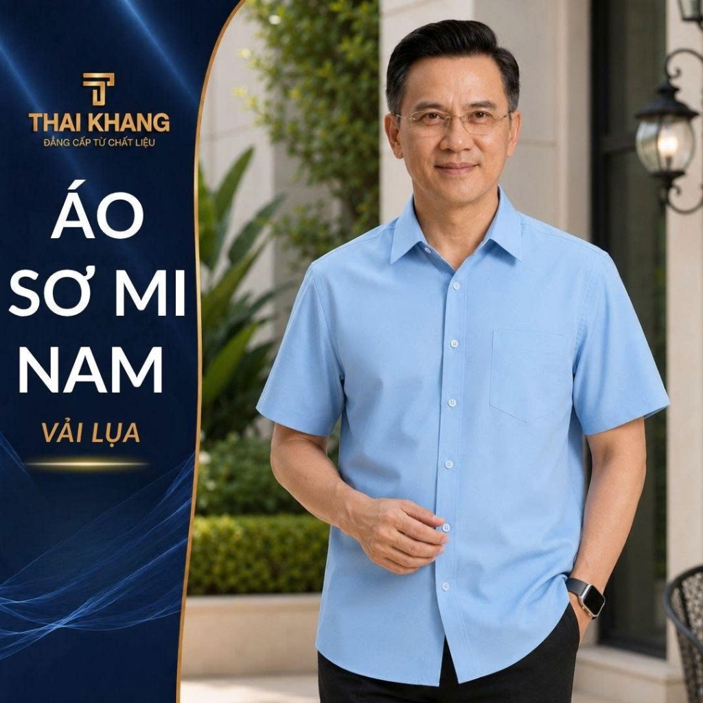 Áo sơ mi nam trung niên THÁI KHANG loại áo ngắn tay vải lụa co giãn form classic  rộng rãi ATK17