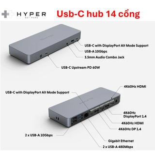 [Chính hãng Hyper] hub 14 cổng cho Win, Mac, iPad - hỗ trợ ra nhiều màn hình