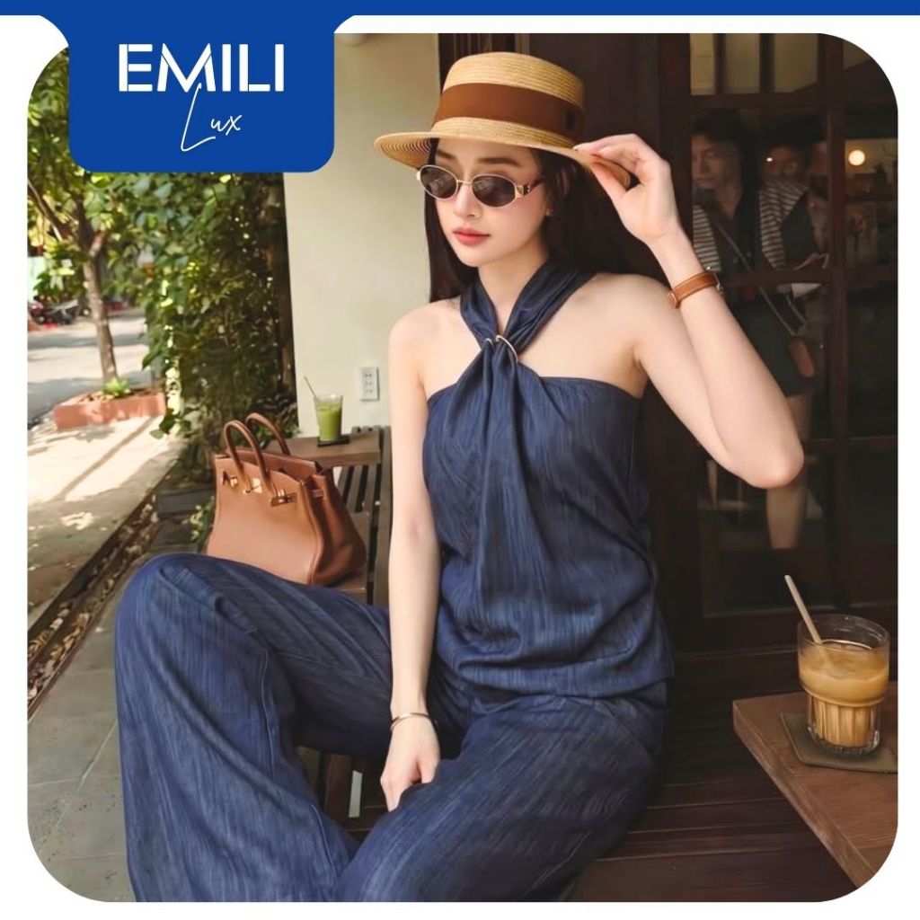 Set bộ nữ áo yếm khuyên cổ phối quần ống suông Emili Lux sang chảnh, công sở, đi làm đi chơi B200