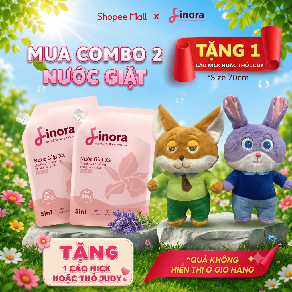 Combo 2 Nước Giặt Xả Finora loại 2 Lít + TẶNG 1 Cáo Nick Hoặc 1 Thỏ Judy Khổng Lồ