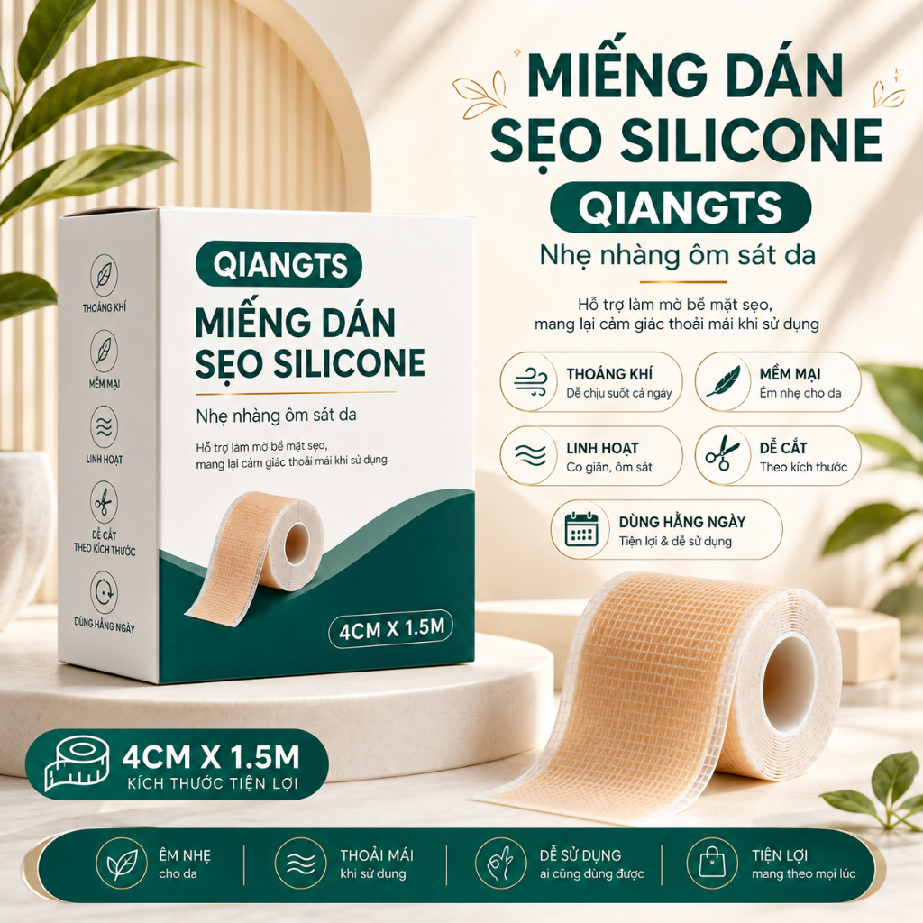 Miếng dán silicone chăm sóc da vết sẹo QIANGTS cuộn 4cm x 1.5m mềm mại thoáng khí