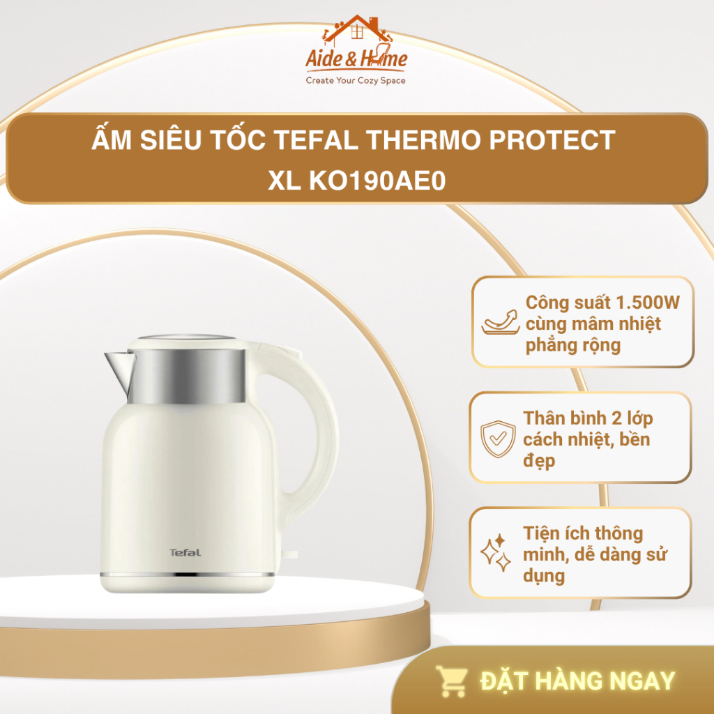 Bình đun | Ấm siêu tốc Tefal Thermo Protect XL KO190AE0 Trắng 1.9L - Bảo Hành 24 Tháng