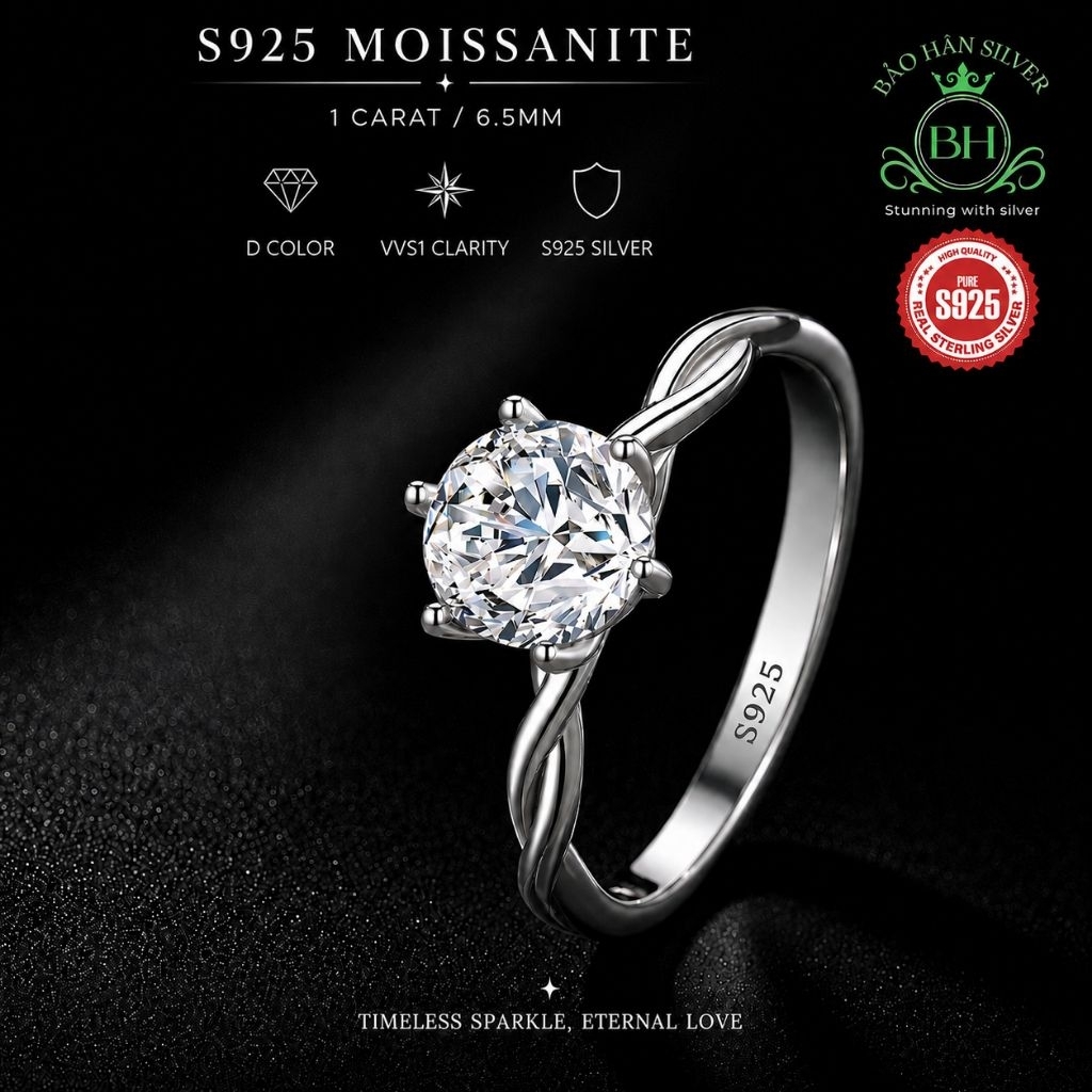 Moissanite 6.5ly 1carat Nhẫn bạc nữ Moissanite nhẫn kim cương Moissanite bạc 925 nhẫn cầu hôn bạc nh