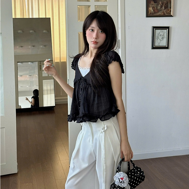 NAVIE X KURV (CÓ BIGSIZE) - (TẶNG KÈM ÁO 2 DÂY TRẮNG) Áo babydoll voan WINKY phối bèo thời trang nữ | BigBuy360 - bigbuy360.vn