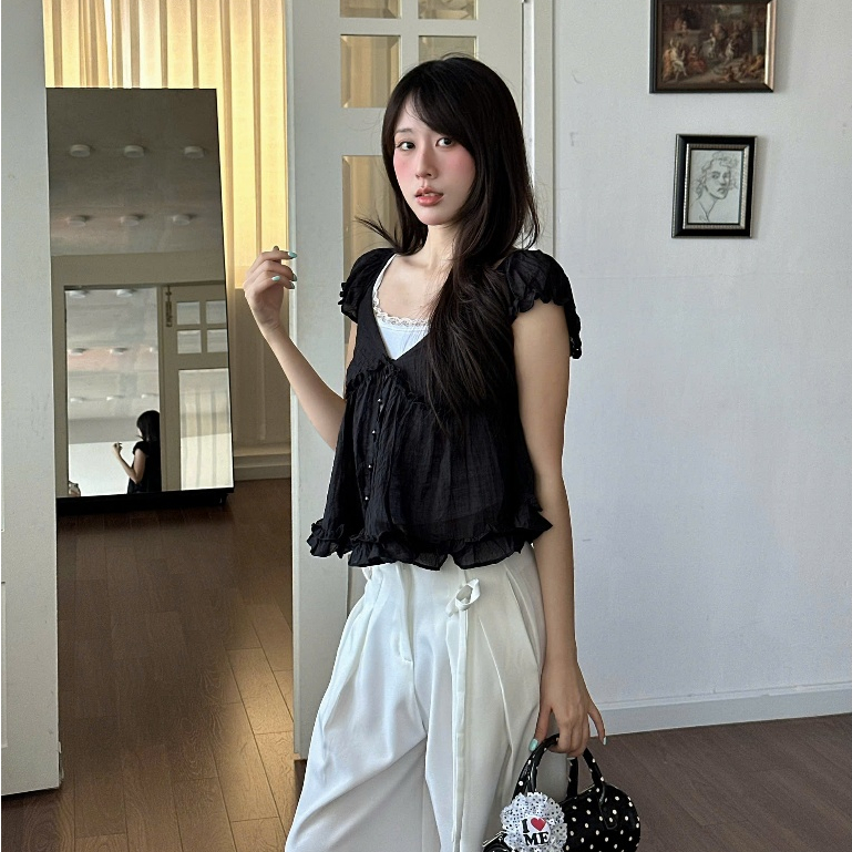 NAVIE X KURV (CÓ BIGSIZE) - (TẶNG KÈM ÁO 2 DÂY TRẮNG) Áo babydoll voan WINKY phối bèo thời trang nữ | BigBuy360 - bigbuy360.vn