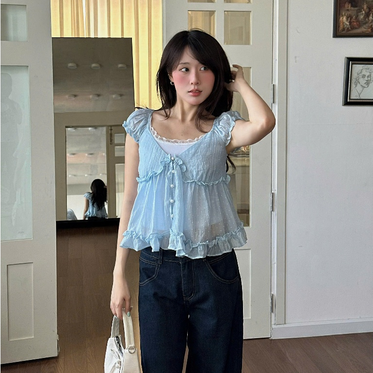 NAVIE X KURV (CÓ BIGSIZE) - (TẶNG KÈM ÁO 2 DÂY TRẮNG) Áo babydoll voan WINKY phối bèo thời trang nữ | BigBuy360 - bigbuy360.vn
