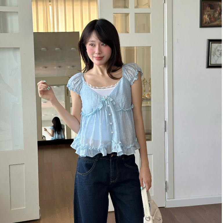 NAVIE X KURV (CÓ BIGSIZE) - (TẶNG KÈM ÁO 2 DÂY TRẮNG) Áo babydoll voan WINKY phối bèo thời trang nữ | BigBuy360 - bigbuy360.vn