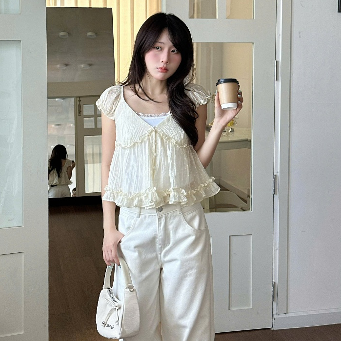 NAVIE X KURV (CÓ BIGSIZE) - (TẶNG KÈM ÁO 2 DÂY TRẮNG) Áo babydoll voan WINKY phối bèo thời trang nữ | BigBuy360 - bigbuy360.vn