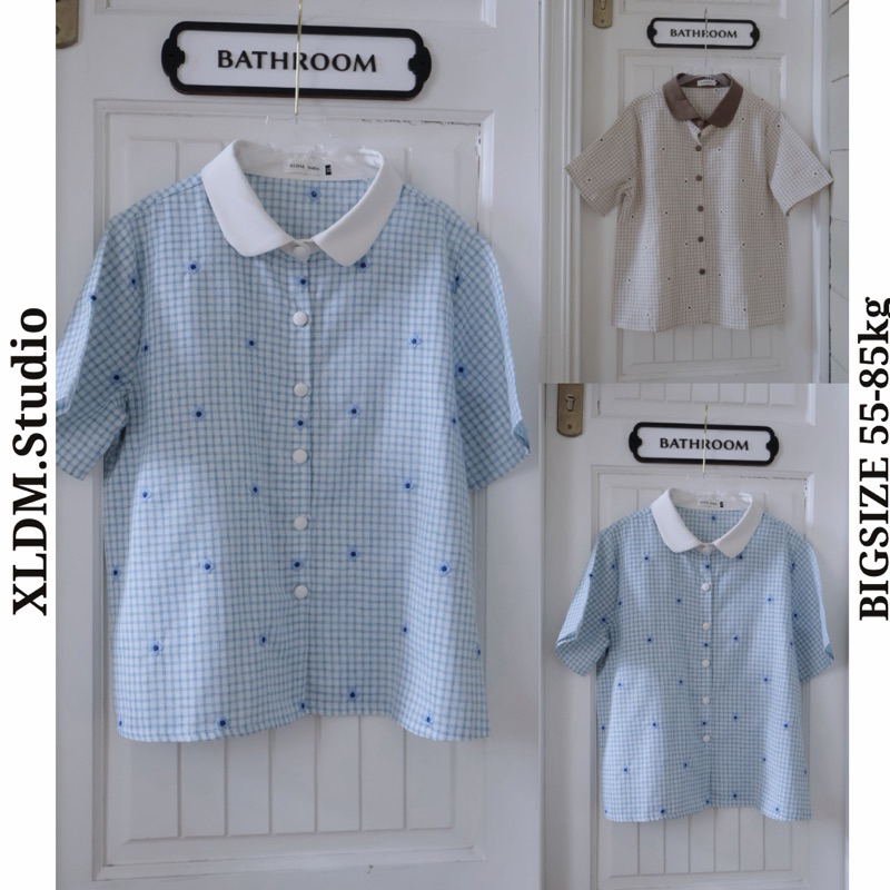 Áo cộc tay BIGSIZE nền kẻ thêu hoa nâu , xanh ( ACT07 )
