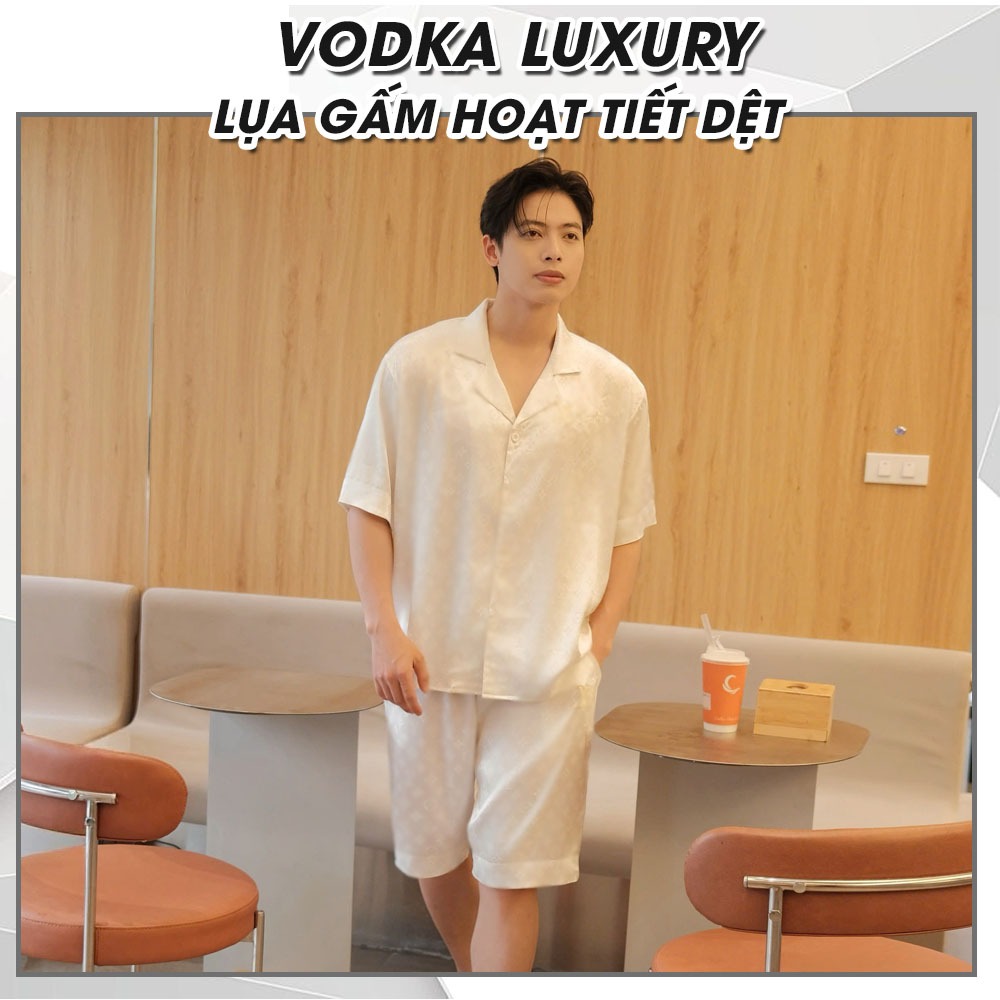 Đồ ngủ pyjama nam họa tiết trắng cộc thêu mùa hè mát mẻ thoải mái - Vodka Luxury