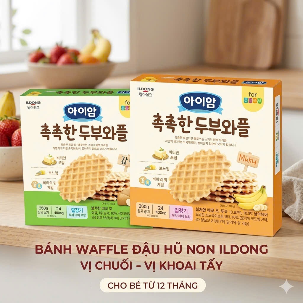 BÁNH QUẾ ĐẬU HŨ NON WAFFLE ILDONG VỊ KHOAI TÂY/CHUỐI CHO BÉ ĂN DẶM