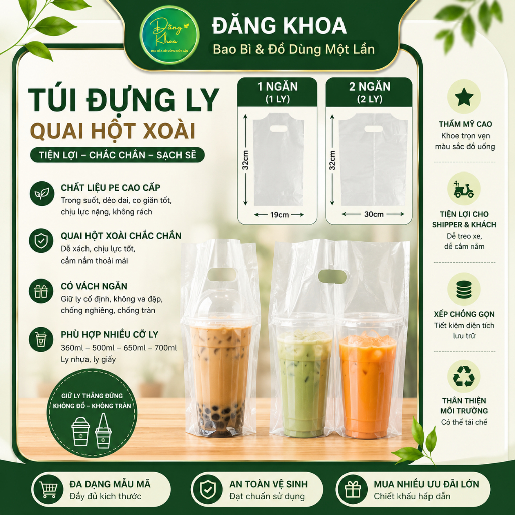 100 Gram Túi Nilon Đựng Trà Sữa 1 Ly & 2 Ly – Túi Nilon Có Vách Ngăn Loại Tốt – Đồ Dùng Một Lần Cho 
