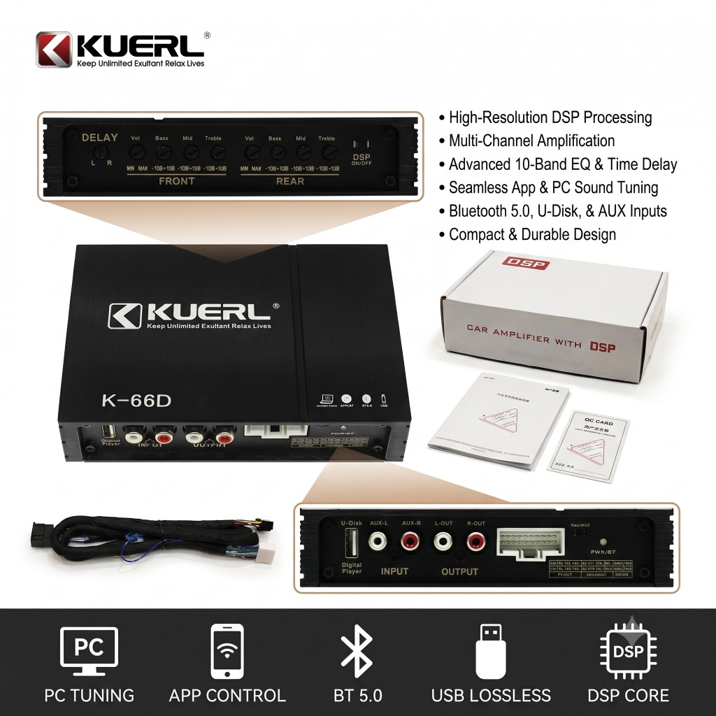 Bộ Amply Âm Ly DSP Kuerl K-66D / Audxeon D3100 Nâng Tầm Âm Thanh Lắp Cho Màn Hình Android Ô Tô