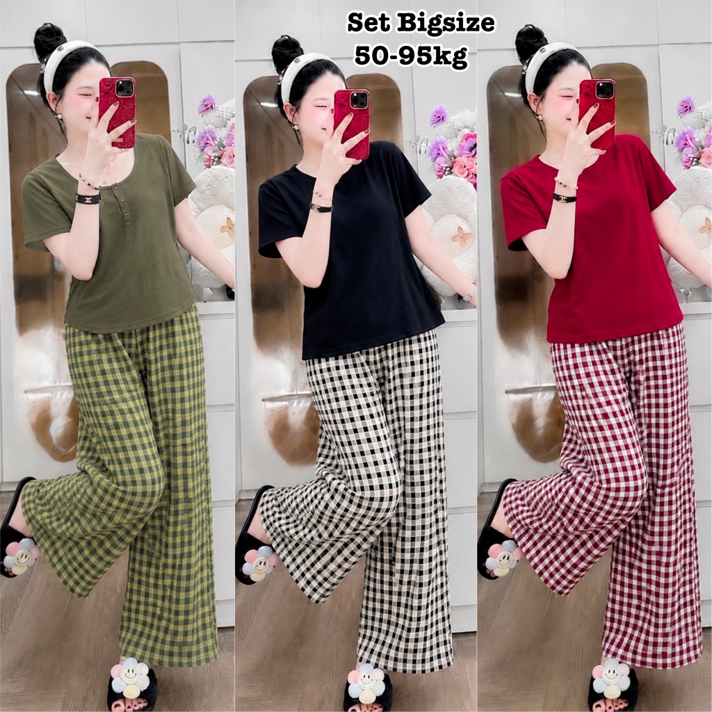 Én Nhỏ Có Bigsize 40-110kg - Set Bộ Dài Bigsize Nữ Áo Thun Cổ Tròn Mix Quần Dài Form Rộng Vải Caro N