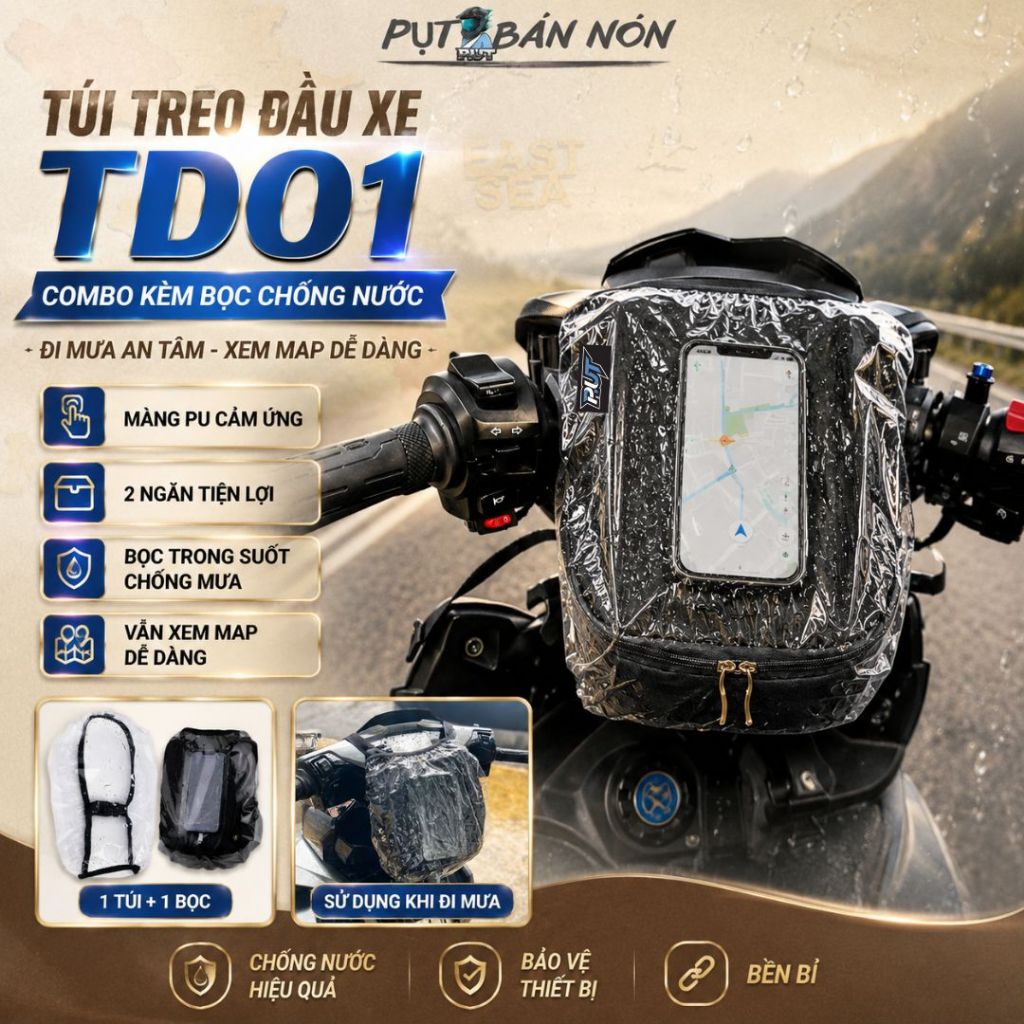 Túi Treo Đầu Xe Máy PUT TD01 Vải Bố Kèm Bọc Mưa Đựng Điện Thoại Đi Phượt Giao Hàng Tiện Lợi Gọn Nhẹ