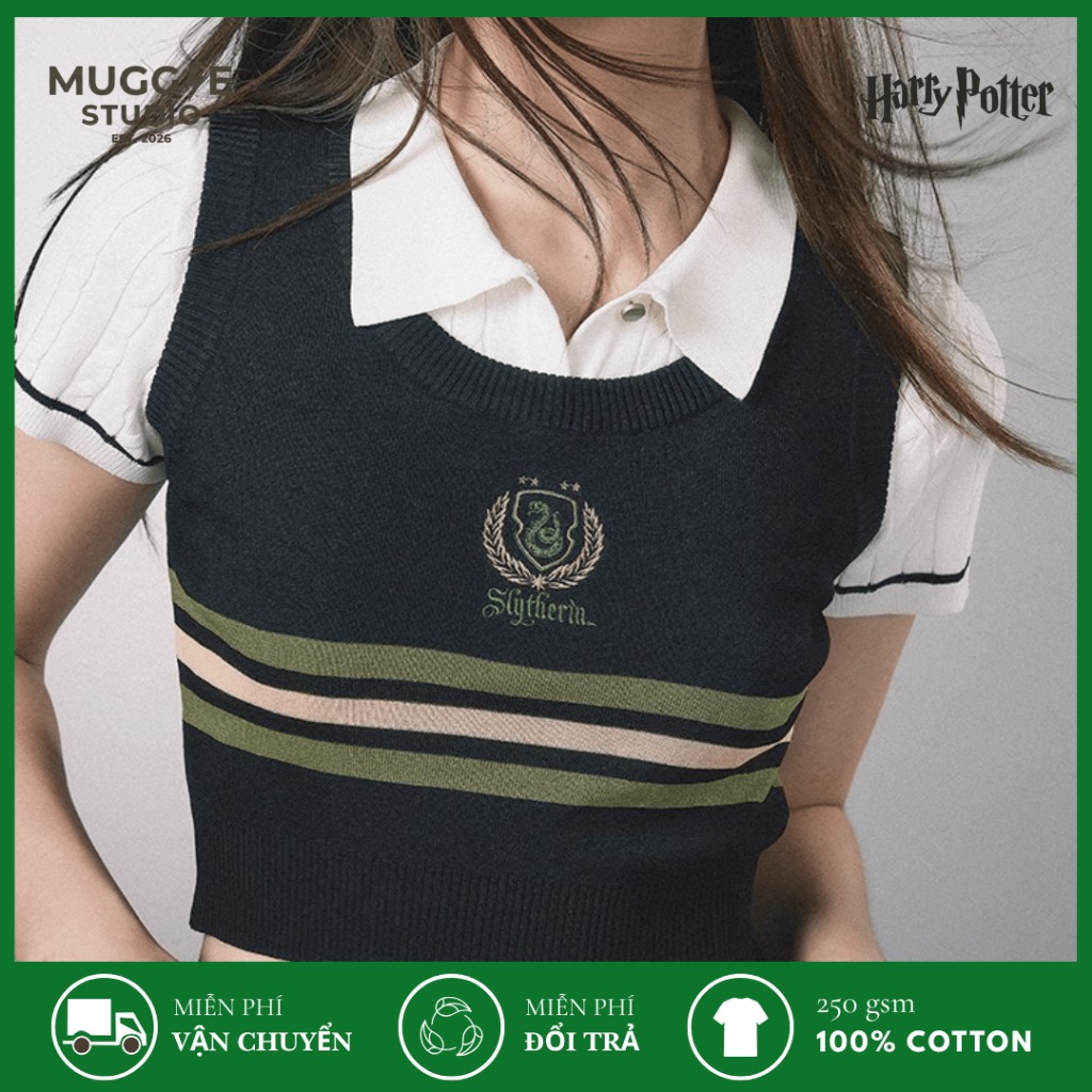 MUGGLE Áo Gile Len Dệt Kim Hogwarts Thêu Logo 4 Nhà Harry Potter Form Vừa Ôm Người