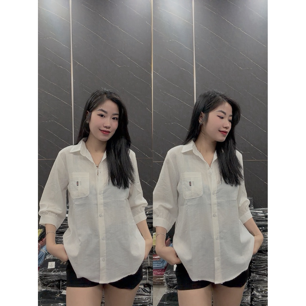 Áo Sơ Mi Nữ Tay Lỡ Đũi Xước Túi LOGO 888