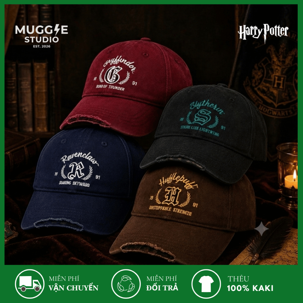 MUGGLE Mũ Lưỡi Trai Hogwarts Thêu Logo 4 Nhà Harry Potter - Nón Kaki Rách Cá Tính Unisex
