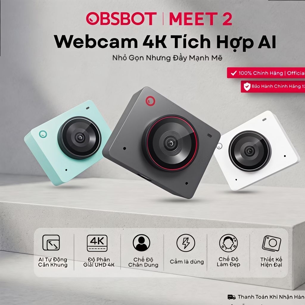 OBSBOT Meet 2 4K 60 FPS Webcam AI, Tự động lấy nét cho PC, Laptop, dùng livestre, học online