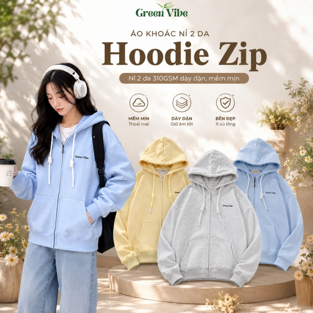 Áo Khoác Hoodie Zip Green Vibe Nỉ 2 Da 310gsm Dáng Basic Unisex Phong Cách Hàn Quốc