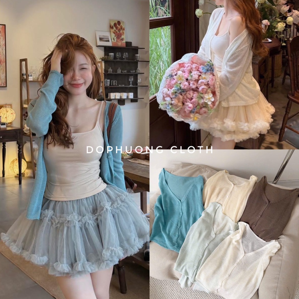Áo khoác ngoài, áo cardigan len đan mỏng nhẹ nhàng cổ tim dài tay phù hợp hè thu