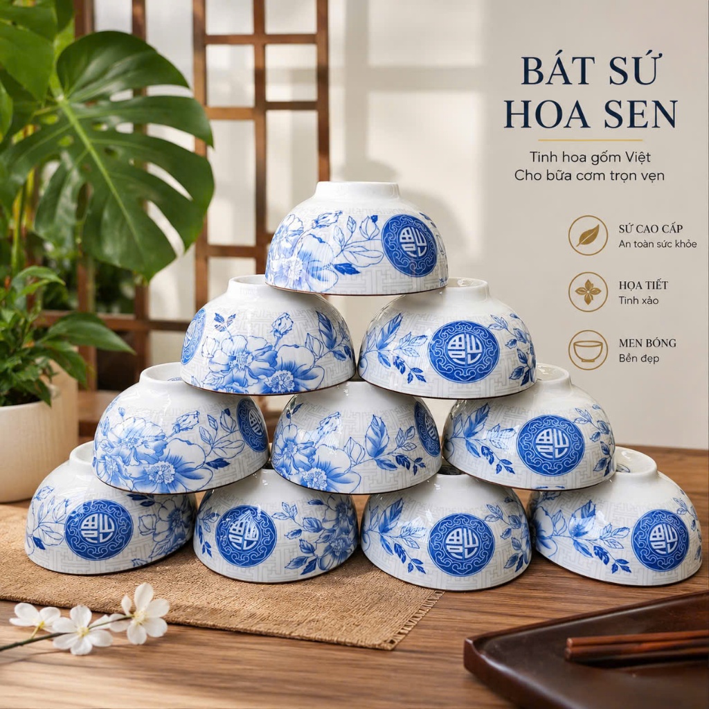 Bộ 10 bát chén ăn cơm chữ phúc bộ bát ăn cơm gốm sứ