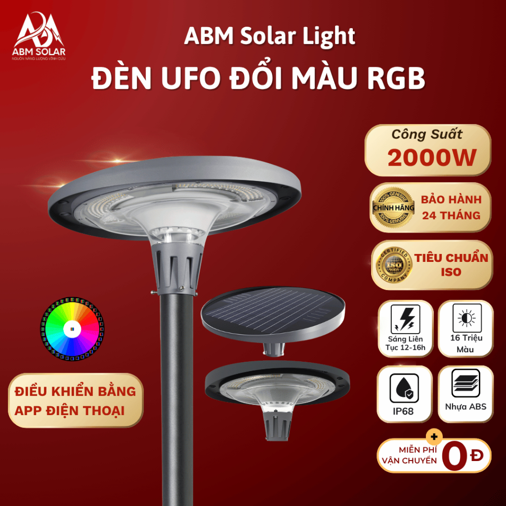 Đèn Sân Vườn UFO Năng Lượng Mặt Trời ABM SOLAR 2000W RGB, 16 Triệu Màu, Điều Khiển App & Remote, Thâ