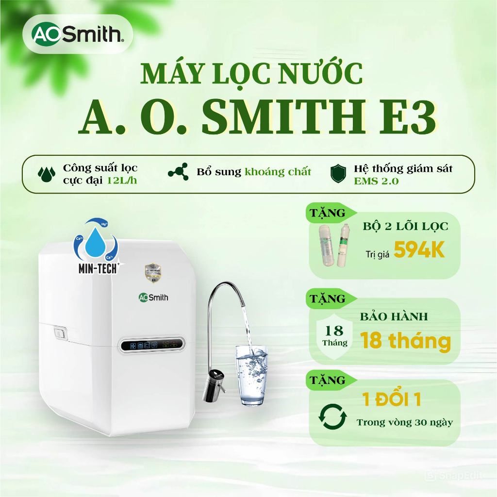 Máy Lọc Nước Đặt Gầm A.O.Smith E3 - Công Nghệ Min Tech Bổ Sung Khoáng Chất | AOsmith Hữu Hà
