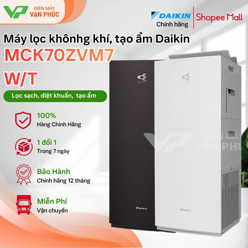 Máy lọc không khí tạo ẩm Daikin MCK70ZVM7-W/T dùng 48m2, Twin Streamer, bảo hành 12 tháng- Quà tặng 
