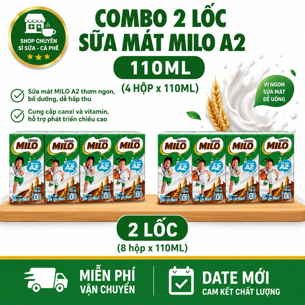 Combo 2 Lốc Sữa Mát Milo A2 110ML (4Hộp x 110ML) Date 10/2026