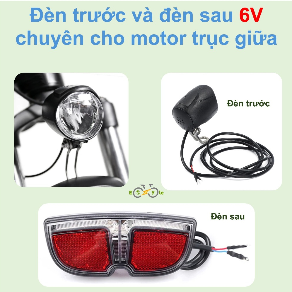 Bộ đèn trước & đèn sau 6V cho động cơ trợ lực trục giữa mid-drive motor - LED chống nước, an toàn ba