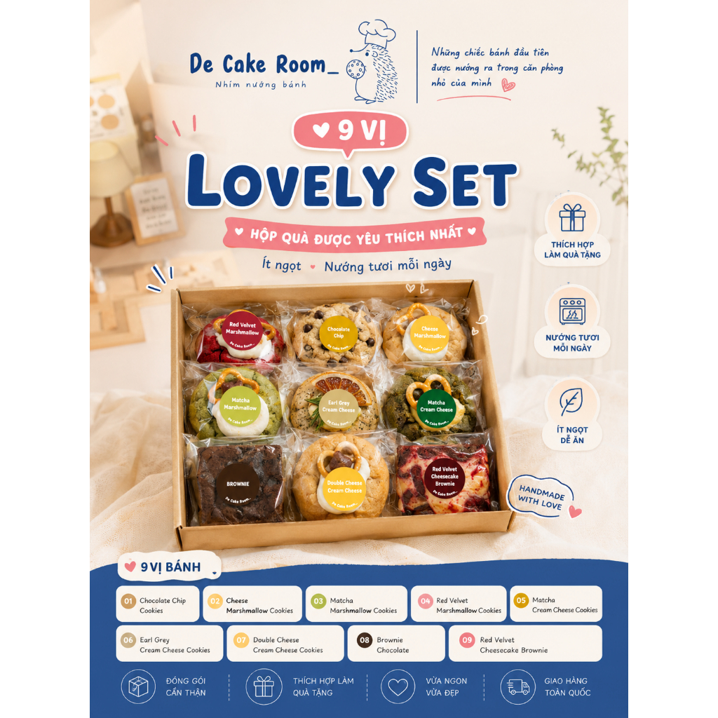 Lovely Set DE CAKE ROOM - Hộp Quà Tặng Cookie Brownie Handmade 9 Bánh Ít Ngọt Nướng Tươi Mỗi Ngày