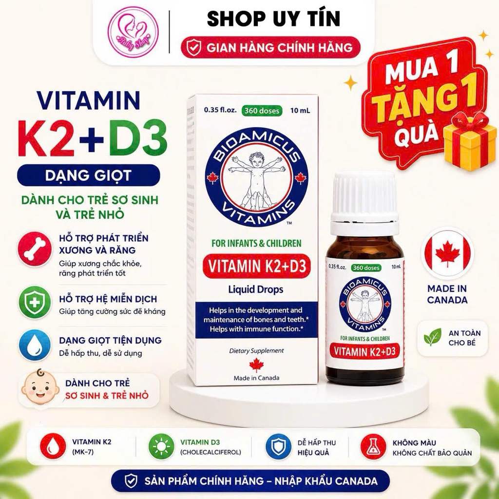 [Chính hãng] Vitamin D3 K2 Bioamicus chai 10ml cho bé - Hấp thu canxi, hỗ trợ bé tăng chiều cao, xươ