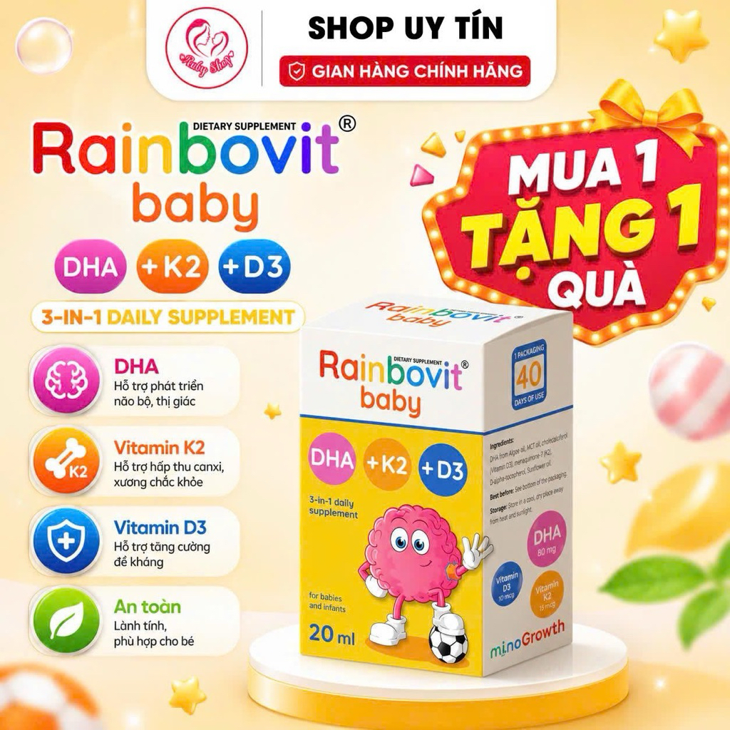 [Chính hãng] Vitamin DHA+ K2D3 Rainbovit baby chai 20ml hỗ trợ bé phát triển trí não và chiều cao
