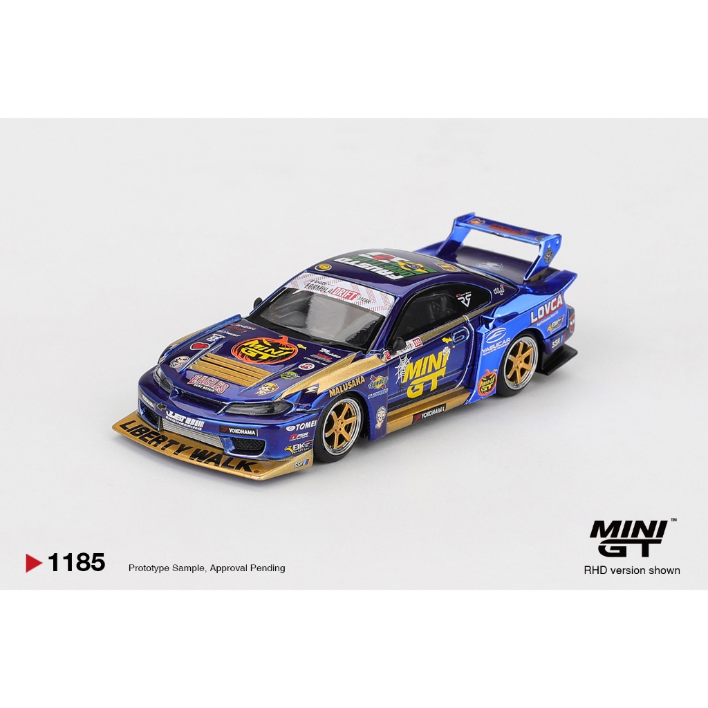 MINI GT 1:64 #1185 Nissan Silvia S15 LBWK Formula Drift Blue Gold RHD –Xe mô hình JDM drift cực hiếm