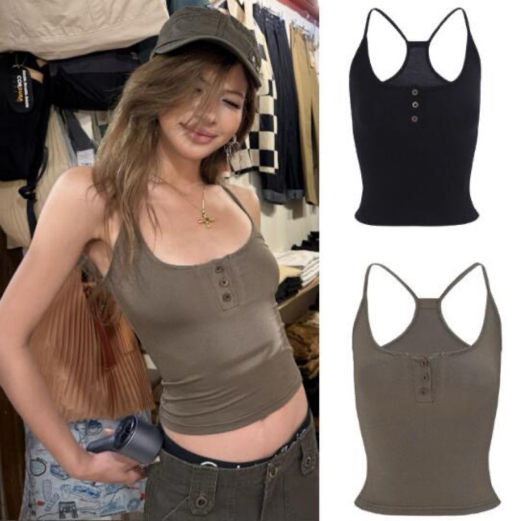 Áo Hai Dây Camisole Nữ Bản Nhỏ Ôm Body Phối Cúc Ngực Phong Cách Grunge Acubi Streetwear Cá Tính Gợi 